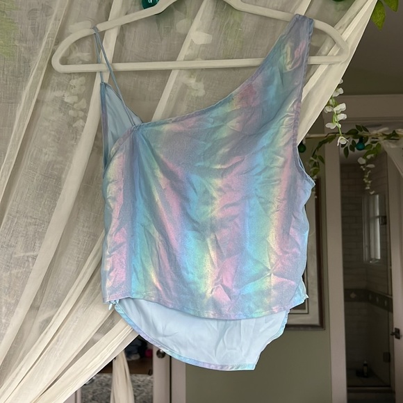 Superdown x Draya Michele Saira blue shiny asymmetrical tank top Revolve - Picture 3 of 3